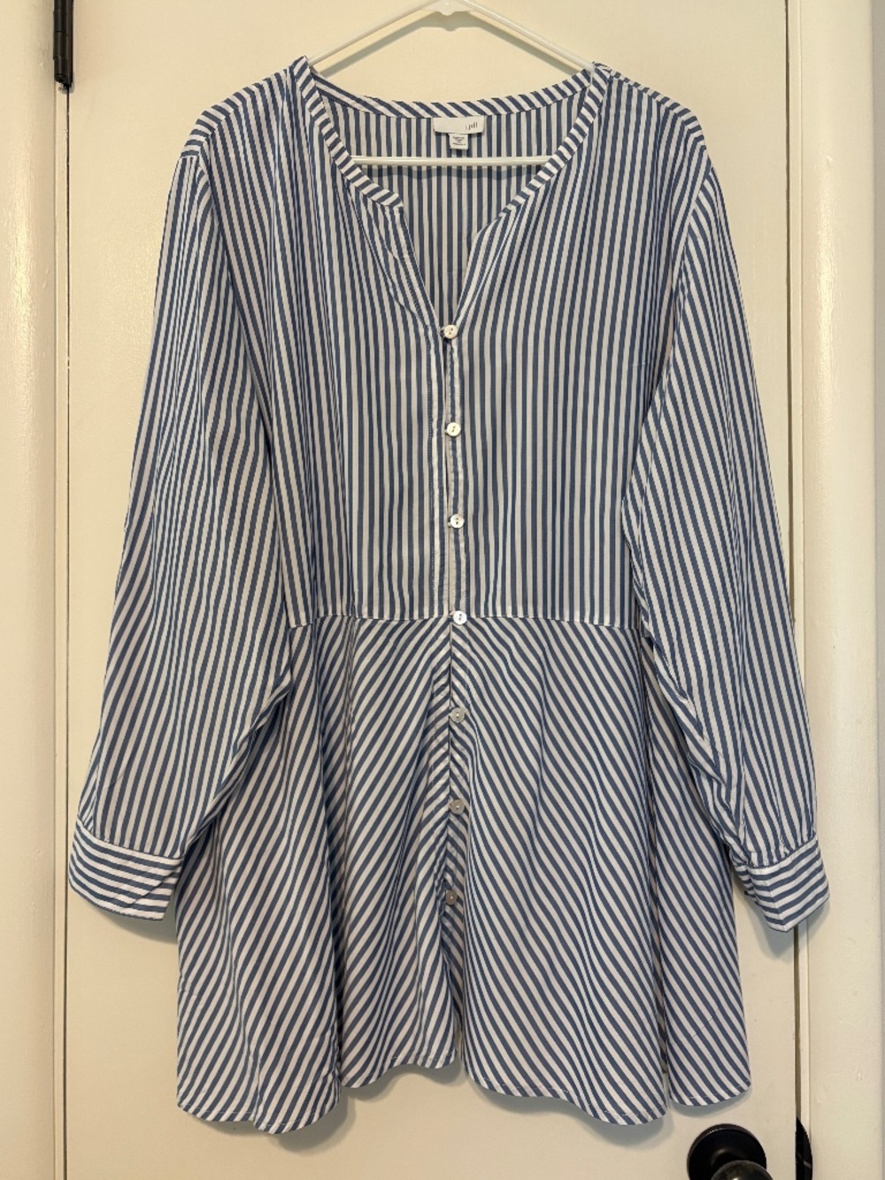 J. Jill Women's Plus Blue/White Mixed Striped Button-Front Tunic Shirt Top 3X